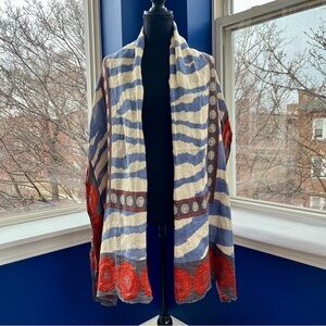 🦓 Blue & Cream Zebra Striped Shawl w/ Red Floral Medallions on Gray Border